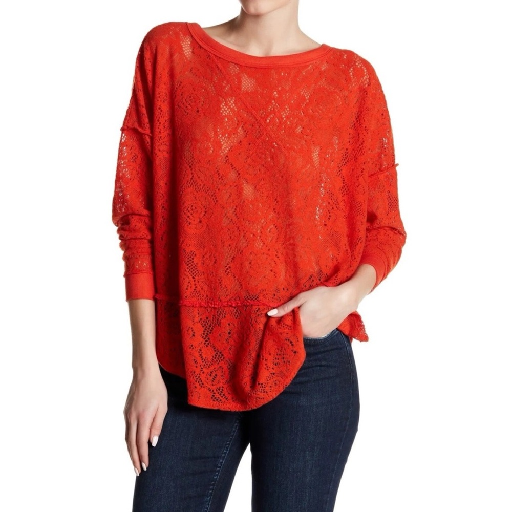 Free People Not Cold in this Floral Red‎ Too Crotchet Long Sleeve Size Small